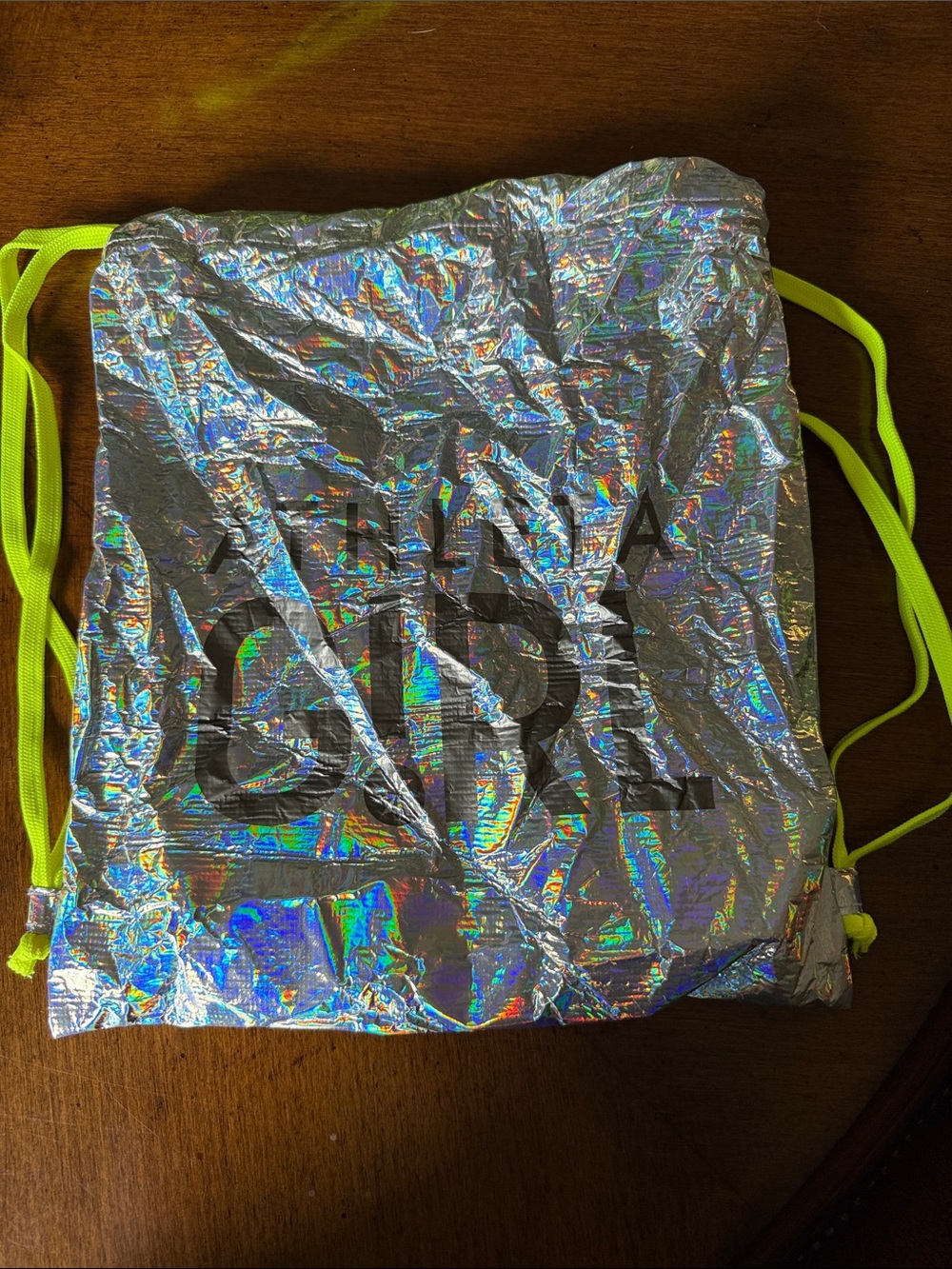 Athleta Girl Holographic Silver Drawstring Kids Bag with Neon Yellow Straps